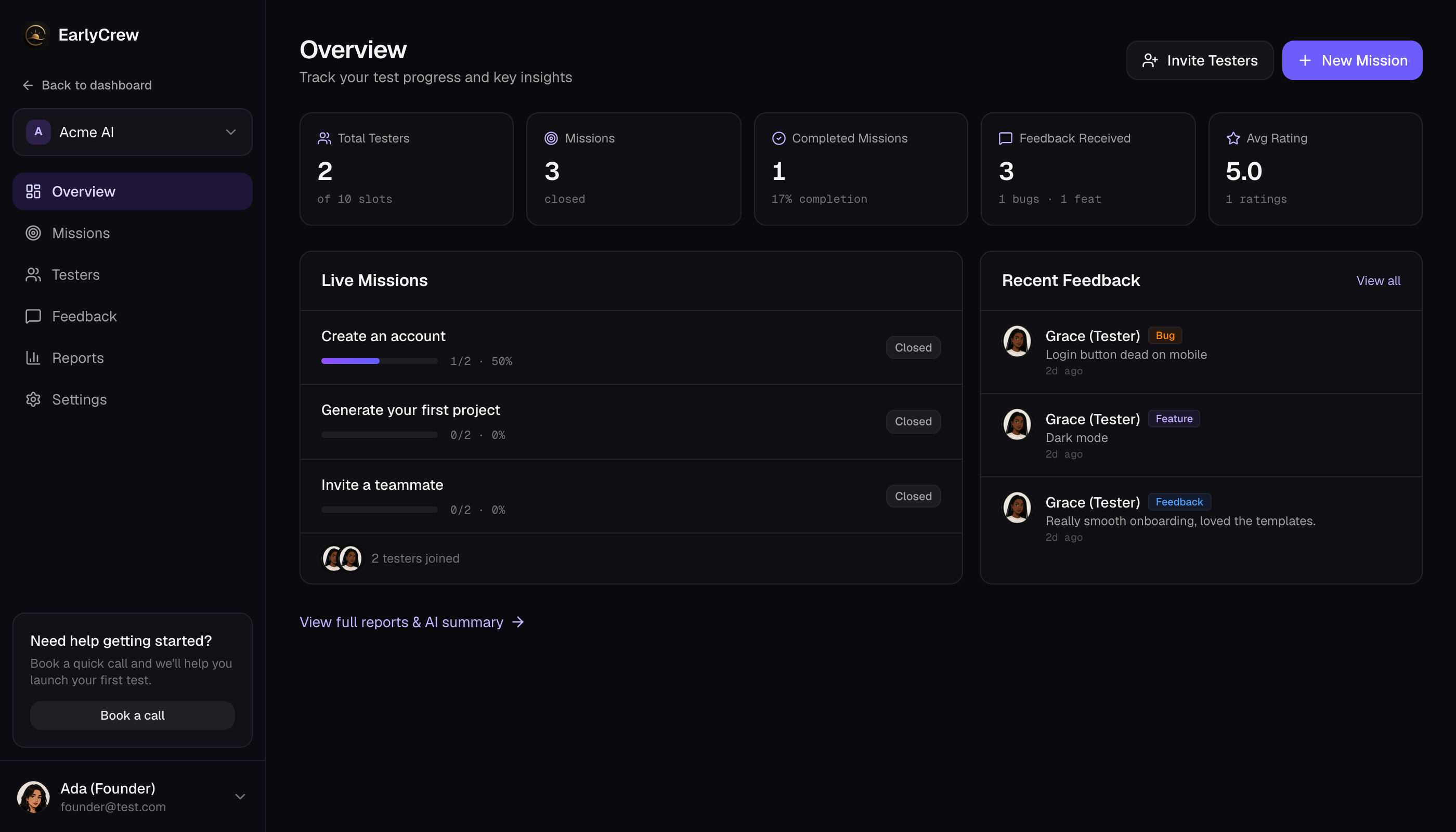 EarlyCrew founder dashboard showing live missions, testers and feedback